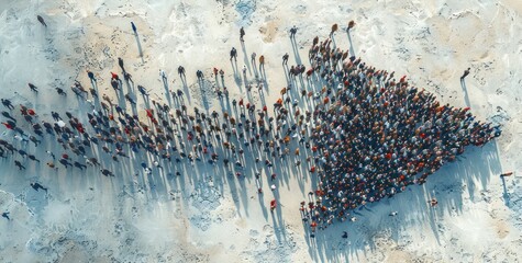 A group of people are standing in a line, forming an arrow pointing to the right