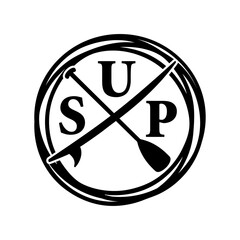 Logo club de paddle surf. Letras palabra SUP con silueta de tabla de paddle surf con remo cruzado