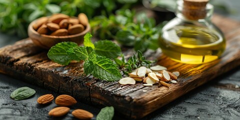 Fototapeta premium Close-up of a chopping board with fresh mint, almonds and olive oil
