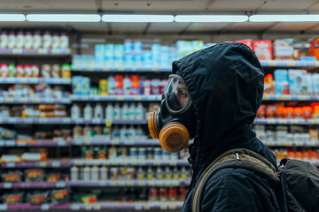 Person with gas mask standing in front of a grocery store shelf. Generative AI image.