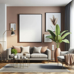 Frame mockup, ISO A paper size. Living room wall poster mockup. Interior mockup with house background. Modern interior design. 3D render with Generative AI Techonology.