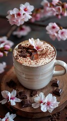 beautiful romance a cup of latte tea or chocolate serve with cherry blossom flower branch, spring...