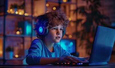 Young gamer wearing headset playing video games on laptop at desk