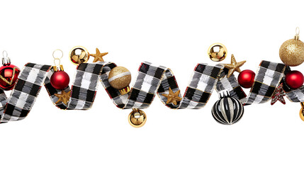 Christmas border of black and white check ribbon and ornaments with gold and red baubles isolated on transparent background 