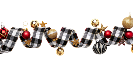 Christmas border of black and white check ribbon and ornaments with gold and red baubles isolated on transparent background 