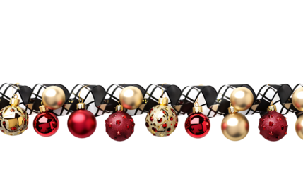 Christmas border of black and white check ribbon and ornaments with gold and red baubles isolated on transparent background 