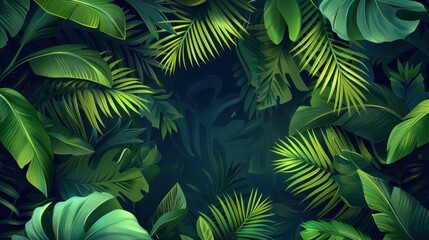 Lush green tropical leaves of different shapes and sizes layered over a dark, moody background creating a dense jungle feel