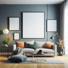 Frame mockup, ISO A paper size. Living room wall poster mockup. Interior mockup with house background. Modern interior design. 3D render with Generative AI Techonology.
