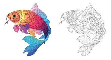 Carp in mandala style for coloring book, vector illustrations for adults. Anti-stress coloring for adults. Carp in two versions, colored stripes and black and white.