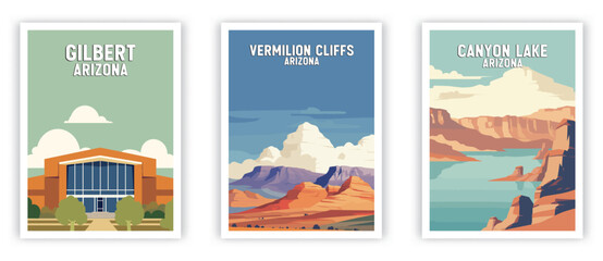 Gilbert, Vermilion Cliffs, Canyon Lake Illustration Art. Travel Poster Wall Art. Minimalist Vector art