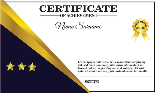 Blue and gold blue certificate template design for achievement and appreciation, vector illustration