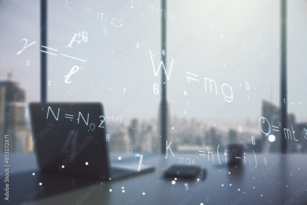Poster creative scientific formula concept and modern desktop with computer on background. multiexposure