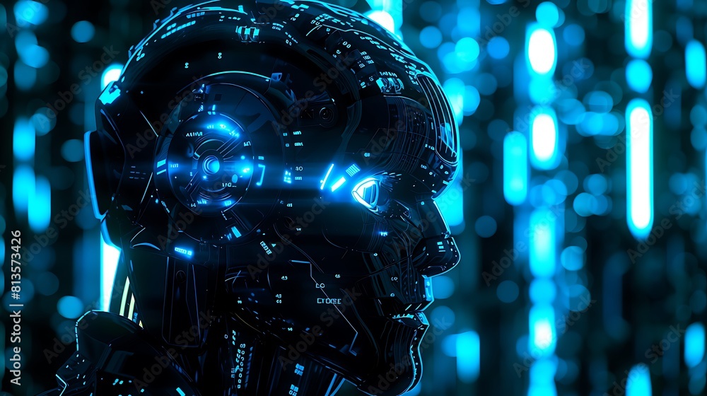 Aufkleber robot head on dark background with computer, robot head, dark background, computer