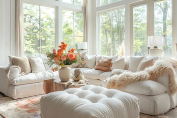 A living room with a white couch and a white ottoman