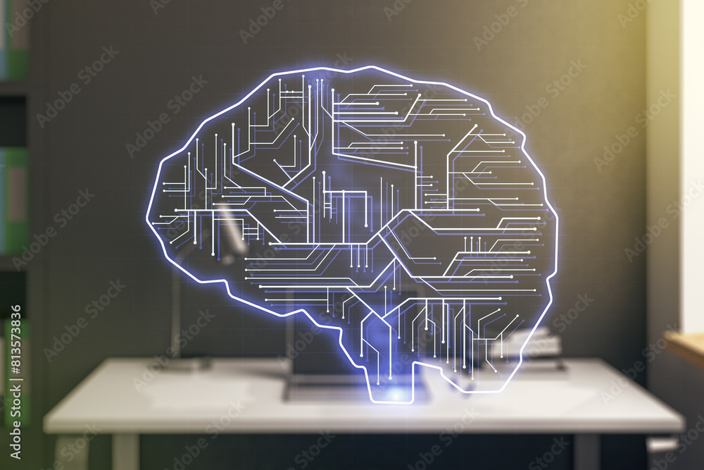 Poster double exposure of creative artificial intelligence symbol and modern desktop with laptop on backgro