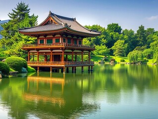 Naklejka premium A serene Japanese garden offers a tranquil escape from the bustling city, inviting quiet contemplation