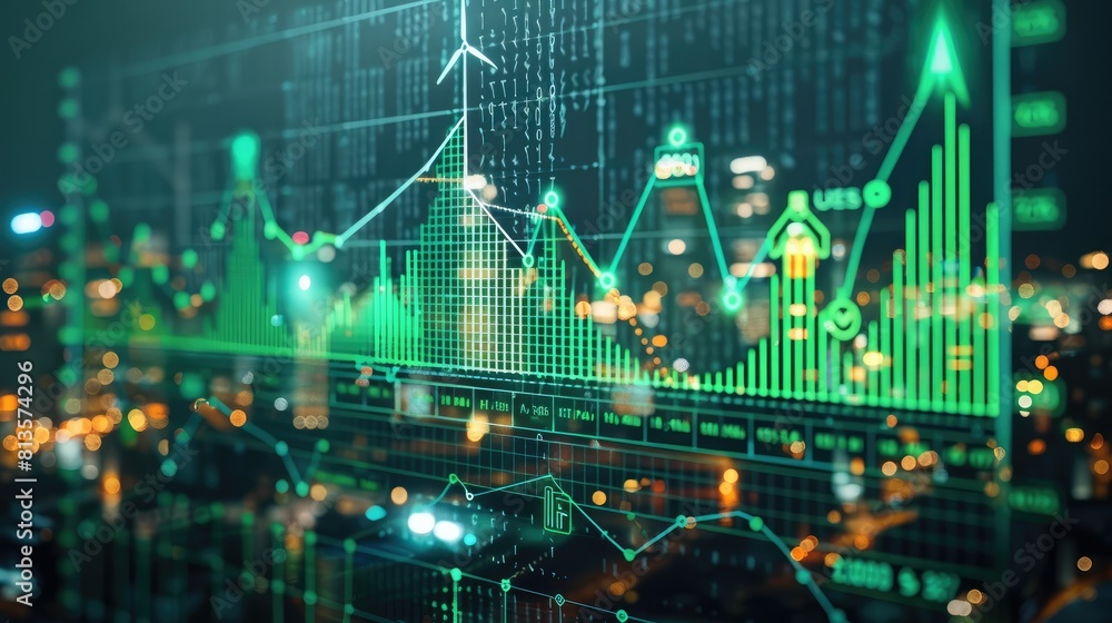 Poster stock market graphs and economic data visualized with icons of solar panels and wind turbines, upris