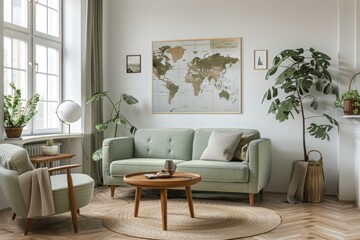 A living room with a green couch, a coffee table, and a potted plant