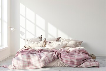 Bed Interior. Cozy Home Bedroom with Unmade Bed, Pink Plaid, and Cushions on White Wall Background