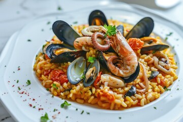Italian Food Dishes. Seafood Risotto with Mussels, Octopus, and Squid. Elegant Restaurant Presentation
