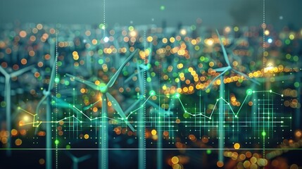 Stock market graphs and economic data visualized with icons of solar panels and wind turbines, uprising green stock market graph, green symbols, positive, positivity. Generative AI.