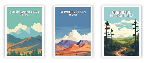 San Francisco Peaks, Vermilion Cliffs, Coronado Illustration Art. Travel Poster Wall Art. Minimalist Vector art