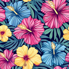 Floral summer beauty seamless pattern with pink blossoms and leaf texture