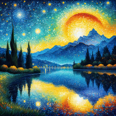 Serene and atmospheric painting that depicts nature and starry sky.
