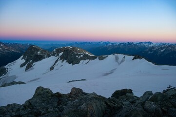 Aerial view of a bright sunset sky over Train Glacier, Pemberton, British Columbia, Canada