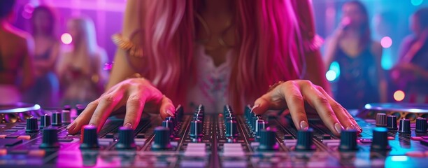 DJ's hands on the mixing board, with partygoers dancing on the background