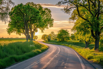 Fototapeta premium The warm glow of golden hour illuminating a winding rural road lined with trees. The minimalist composition, with just the road and colorful sky, conveys a sense of journey and adventure