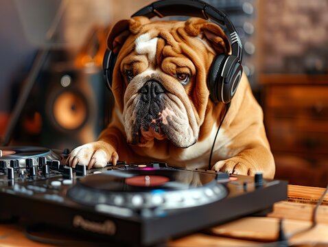 A Bulldog at a mock DJ setup, with headphones and turntable, perfect for music event promotions or audio equipment ads