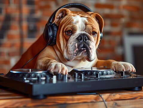 A Bulldog at a mock DJ setup, with headphones and turntable, perfect for music event promotions or audio equipment ads
