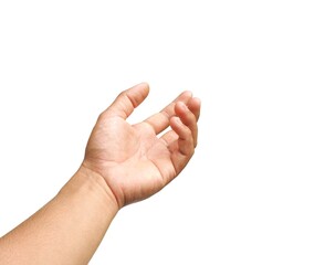 A man's hand raised his hand, gesturing like I was about to grab something. Or about to help isolated on white background.