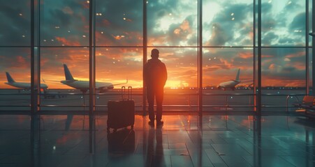 A man stands in front of an airport window, looking out at the planes