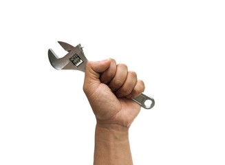 A man's hand is holding a mechanic's tool called an adjustable wrench for use in mechanic work.  or...