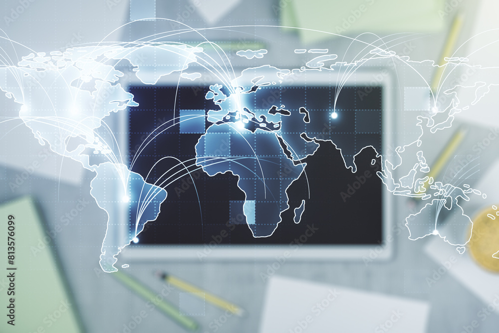 Poster abstract graphic digital world map with connections and modern digital tablet on desktop on backgrou