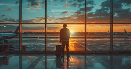 A man is standing in front of a window at an airport, looking out at the planes