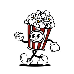 Pop corn backet retro cartoon mascot character. Vector illustration isolated on white background.