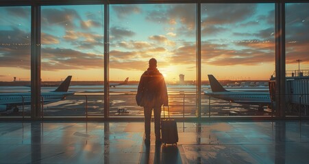 A person is standing in front of an airport window with a suitcase