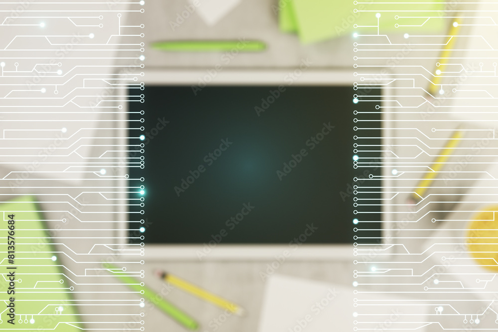 Aufkleber double exposure of circuit hologram and digital tablet on background, top view. research and develop
