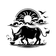River's Guardian: Vector Water Buffalo Silhouette -Reflecting Strength and Serenity- Minimalist Water Buffalo Vector- Water Buffalo Illustration.