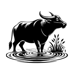 River's Guardian: Vector Water Buffalo Silhouette -Reflecting Strength and Serenity- Minimalist Water Buffalo Vector- Water Buffalo Illustration.