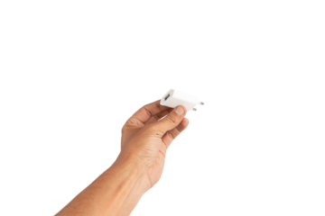 Black male hand holding a USB charger plug isolated no background