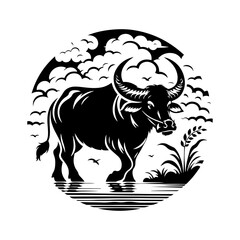River's Guardian: Vector Water Buffalo Silhouette -Reflecting Strength and Serenity- Minimalist Water Buffalo Vector- Water Buffalo Illustration.
