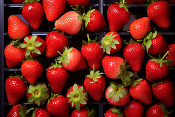 Close-up of abundant fresh strawberry on plastic container tray, showcasing the vibrant and juicy fruit harves