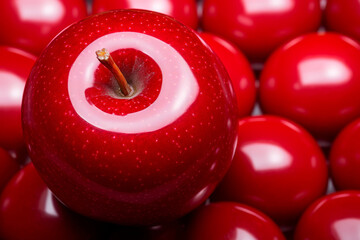 Close-up of vibrant red apple rests on glossy red balls, vibrant colors and textures collide. Smooth skin shines