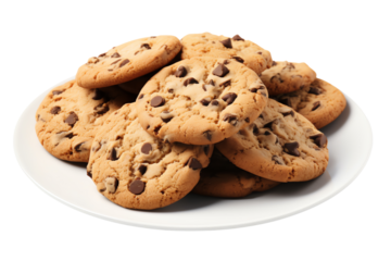 Image description: A plate full of chocolate chip cookies. The cookies are soft and chewy, and they are topped with melted chocolate chips.