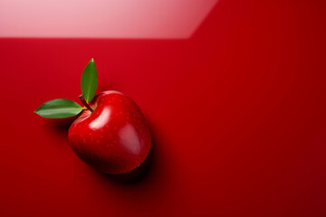 Vibrant red apple with fresh green leaf against red backdrop, Smooth, gleaming skin evokes ripeness and juiciness