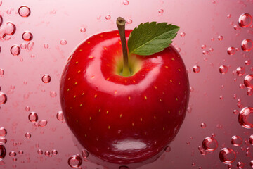 Close-up of vibrant red apple and green leaf on red backdrop, adorned with water droplets for enhanced freshness and vitality